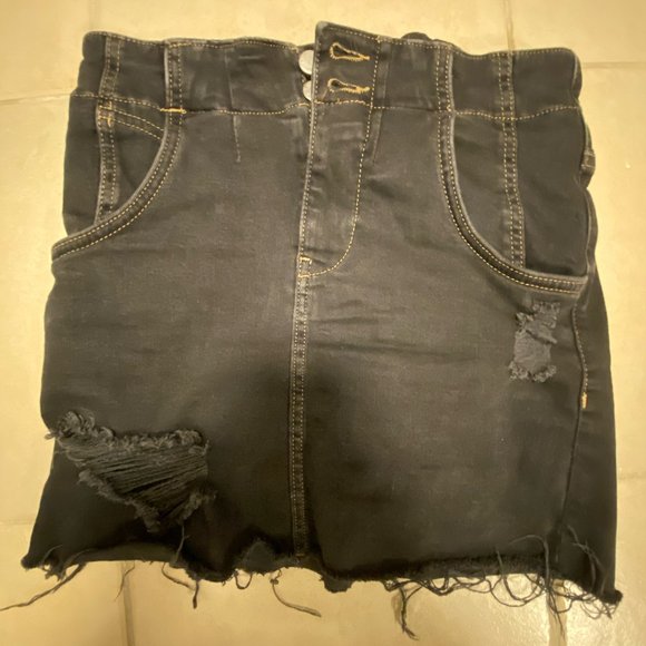 Free People High Rise Black Distressed Denim Mini Skirt - Picture 2 of 2